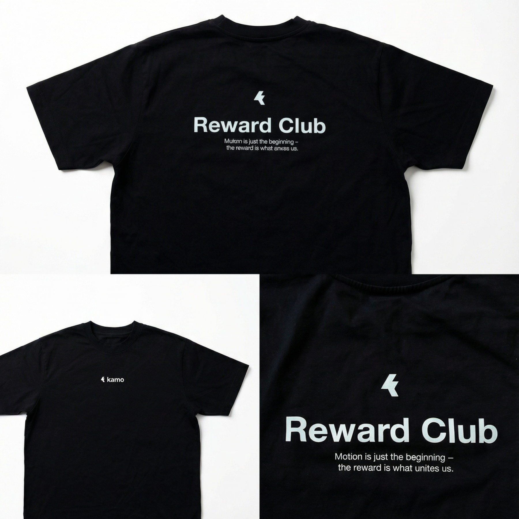 Two people wearing black kamo t-shirts in front of a metallic background