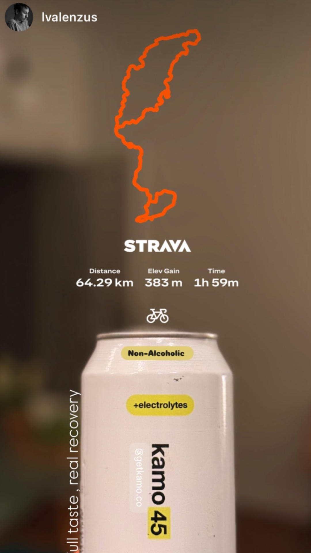 kamo 45 can with Strava fitness app graphic on a blurred background