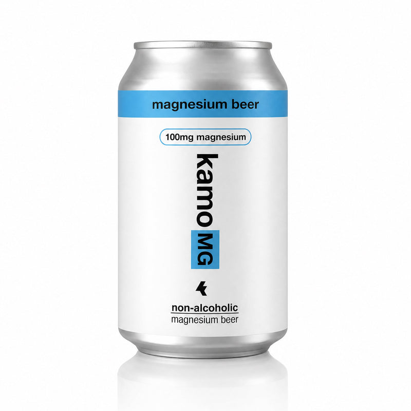 Can of kamo MG magnesium beer on a white background