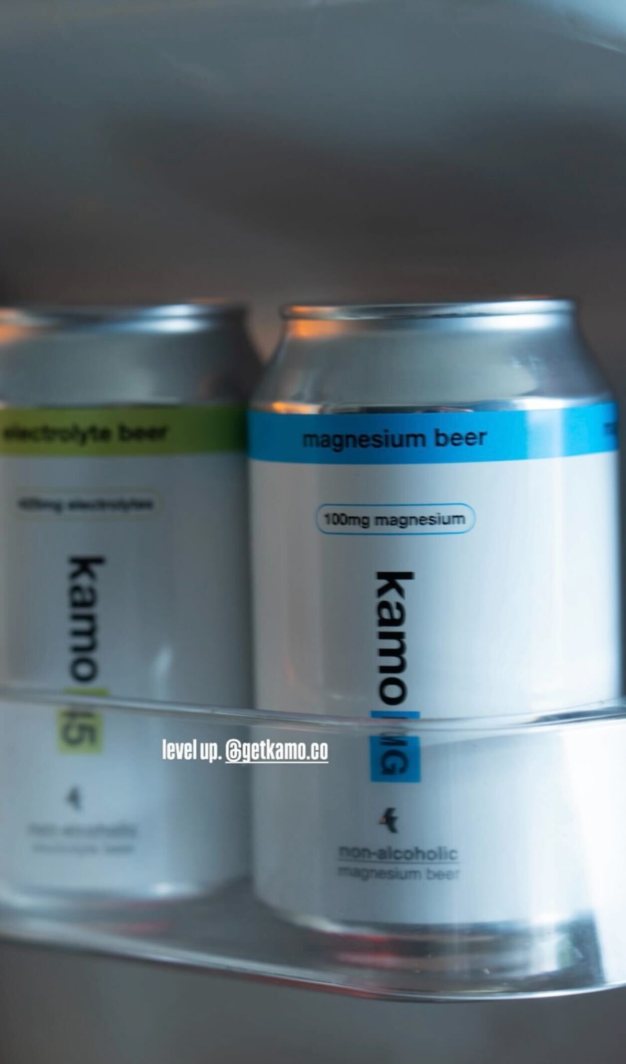Two cans of Kamo beer oil a fridge door shelf 