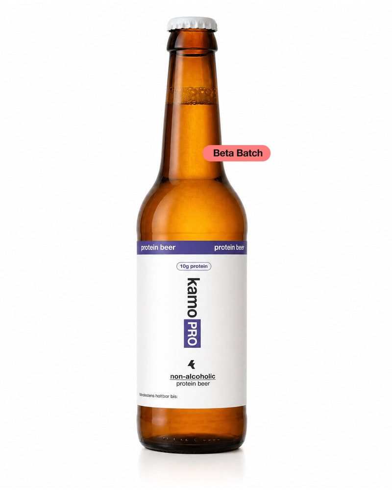 Brown bottle of kamo PRO non-alcoholic protein beer on a white background